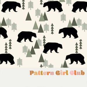 Camping Bear Outdoors Nature Forest Seamless Repeat Pattern Boho Neutral for Commercial Use