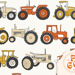 Vintage Tractors Hand-drawn farm illustration Seamless Repeat Pattern Boho Neutral for Commercial Use