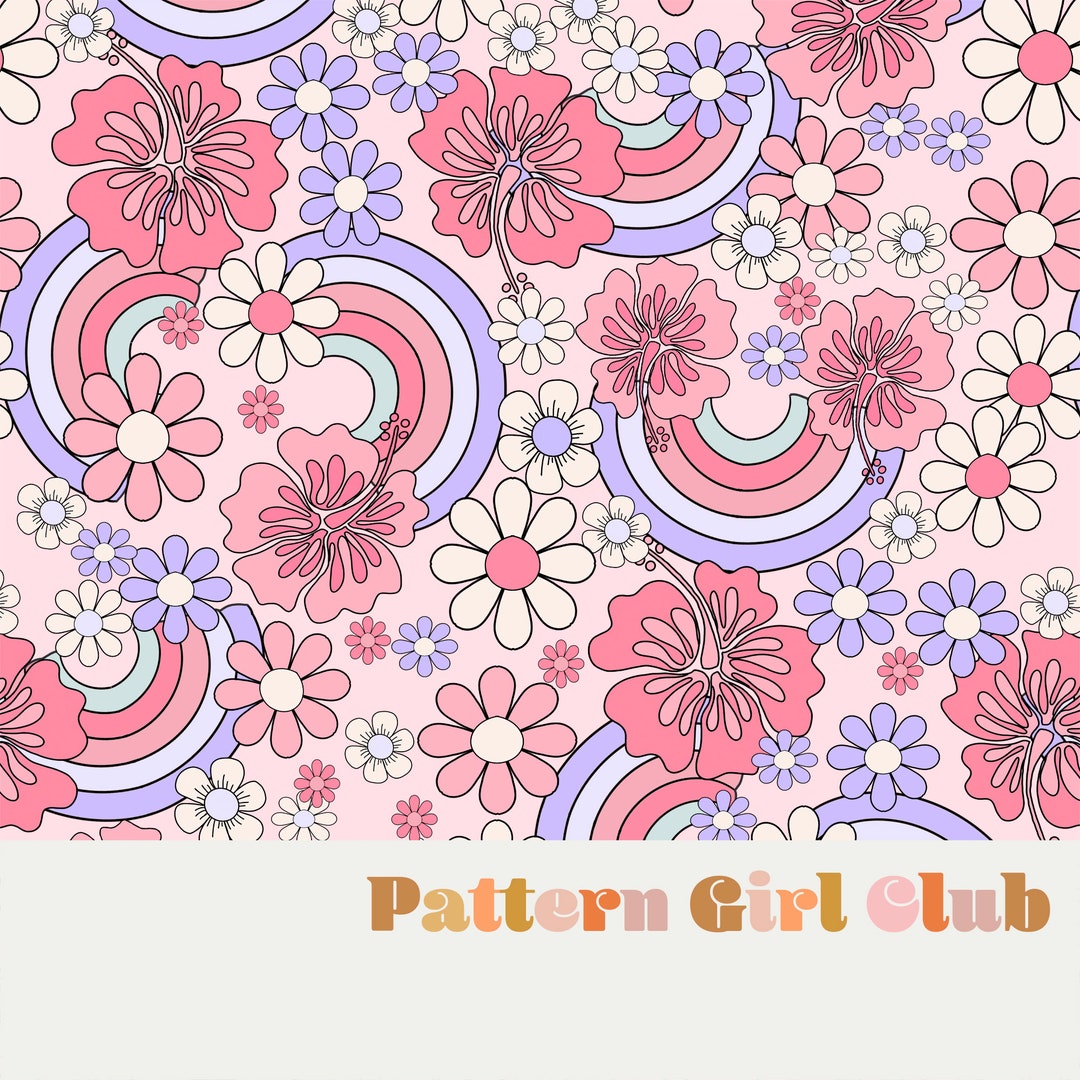 Rainbow Hibiscus Summer Retro Floral Seamless Repeat Pattern Boho ...