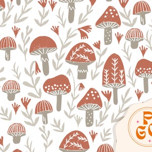 May include: A seamless pattern featuring a variety of stylized mushrooms in shades of brown and orange, set against a white background. The mushrooms are surrounded by small, stylized leaves and flowers.