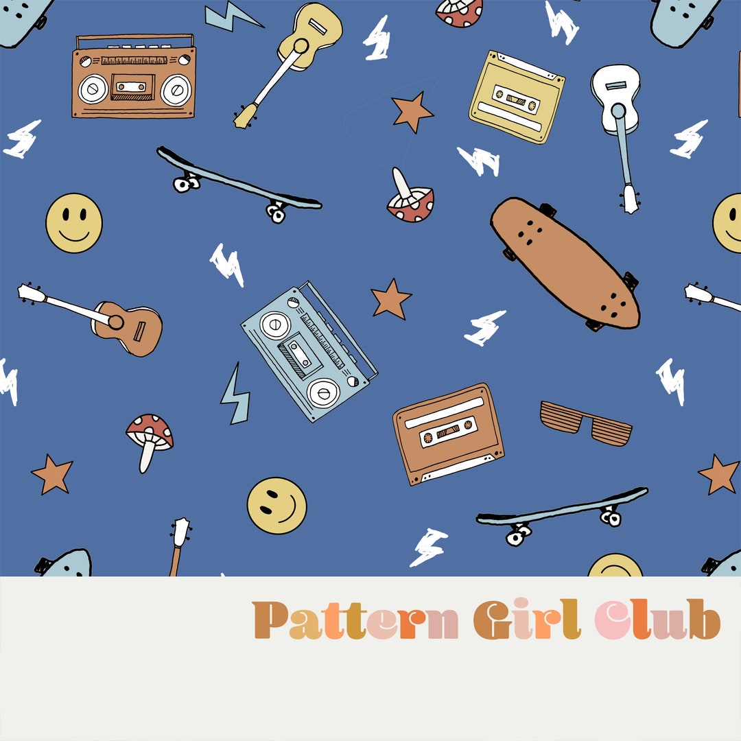 90s Skateboard and Boombox Retro Rainbow Seamless Repeat Pattern Boho ...