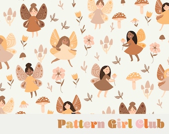 May include: A seamless pattern featuring fairies with brown, peach, and yellow wings. The fairies are wearing brown, peach, and yellow dresses. The background is a light beige with brown, peach, and yellow flowers and mushrooms. The text "Pattern Girl Club" is at the bottom of the image.