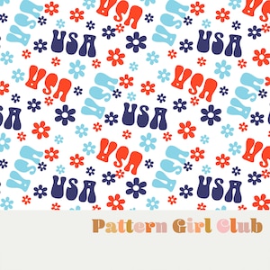 USA Groovy Floral July 4th Patriotic brights Seamless Repeat Pattern Boho Neutral for Commercial Use