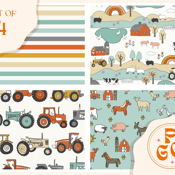 Set of 4 Seamless Files - Farmyard Vintage Tractors Gender Neutral Farm Seamless Repeat Pattern Boho Neutral for Commercial Use