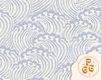Waves Linocut Ocean Beach Dusty Blue Seamless Repeat Pattern Boho Neutral for Commercial Use