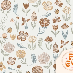 Wiese Block Print Floral Seamless Rapport Muster Boho Neutral für die kommerzielle Nutzung
