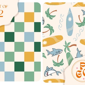 May include: Set of two digital paper designs. The first design is a checkered pattern in blue, green, and yellow. The second design is a repeating pattern of blue surfboards, palm trees, and sharks on a cream background. The text "P.C.C." is in a circle on the second design.