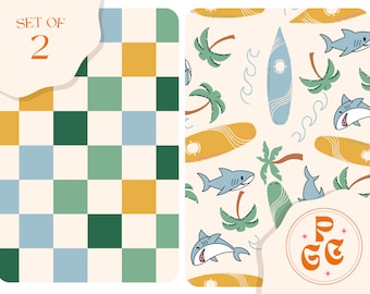 SET of 2 Summer Surf and Coordinating checker Seamless Repeat Pattern Boho Neutral for Commercial Use