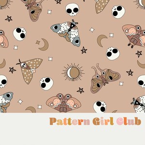 Moths and Skulls Muted Boho Seamless Repeat Pattern Boho Neutral for Commercial Use