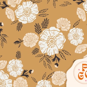 Bloom Block Printed Floral Light Seamless Repeat Pattern Boho Neutral for Commercial Use