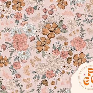 Butterfly Meadow Blooms and Butterflies Seamless Repeat Pattern Boho Neutral for Commercial Use