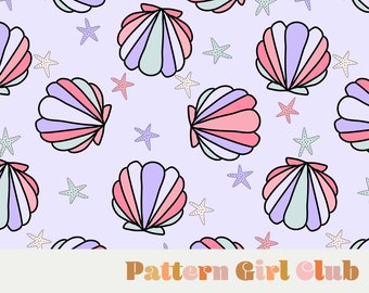 Rainbow Retro Mermaid Shell Seamless Repeat Pattern Boho Neutral for Commercial Use