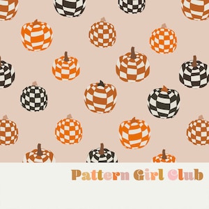 Pumpkins Checkerboard Fall Vibes Fall Autumn Seamless Repeat Pattern Boho Neutral for Commercial Use