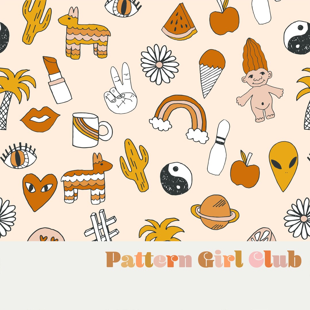 Retro 90s Kid Cute Seamless Repeat Pattern Boho Neutral for Commercial ...