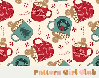 Hot Cocoa Gingerbread Cookies Hot Chocolate Holiday Seamless Repeat Pattern Boho Neutral for Commercial Use