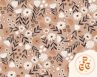 May include: A seamless pattern featuring a variety of white and brown flowers on a light brown background. The flowers are stylized and have a simple, hand-drawn look. The pattern is perfect for use in a variety of design projects, such as fabric, wallpaper, and stationery.