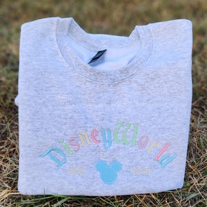 May include: A gray sweatshirt with a rainbow-colored embroidered "Disney World" logo, a blue Mickey Mouse silhouette, and the text "EST 1971".