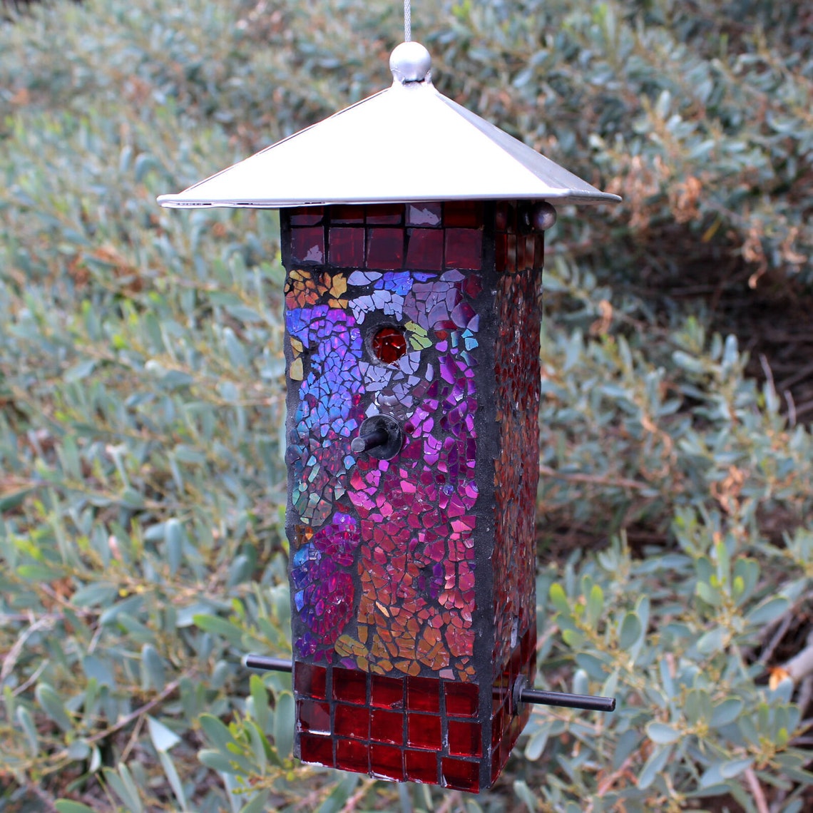 Stained Glass Mosaic Bird Feeder Rainbow Glass Wildlife Bird Etsy