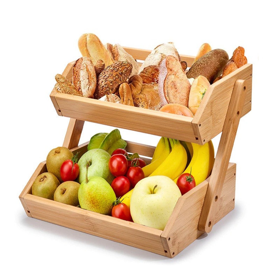 2 Tier Bamboo Fruit Basket Storage Removeable Food