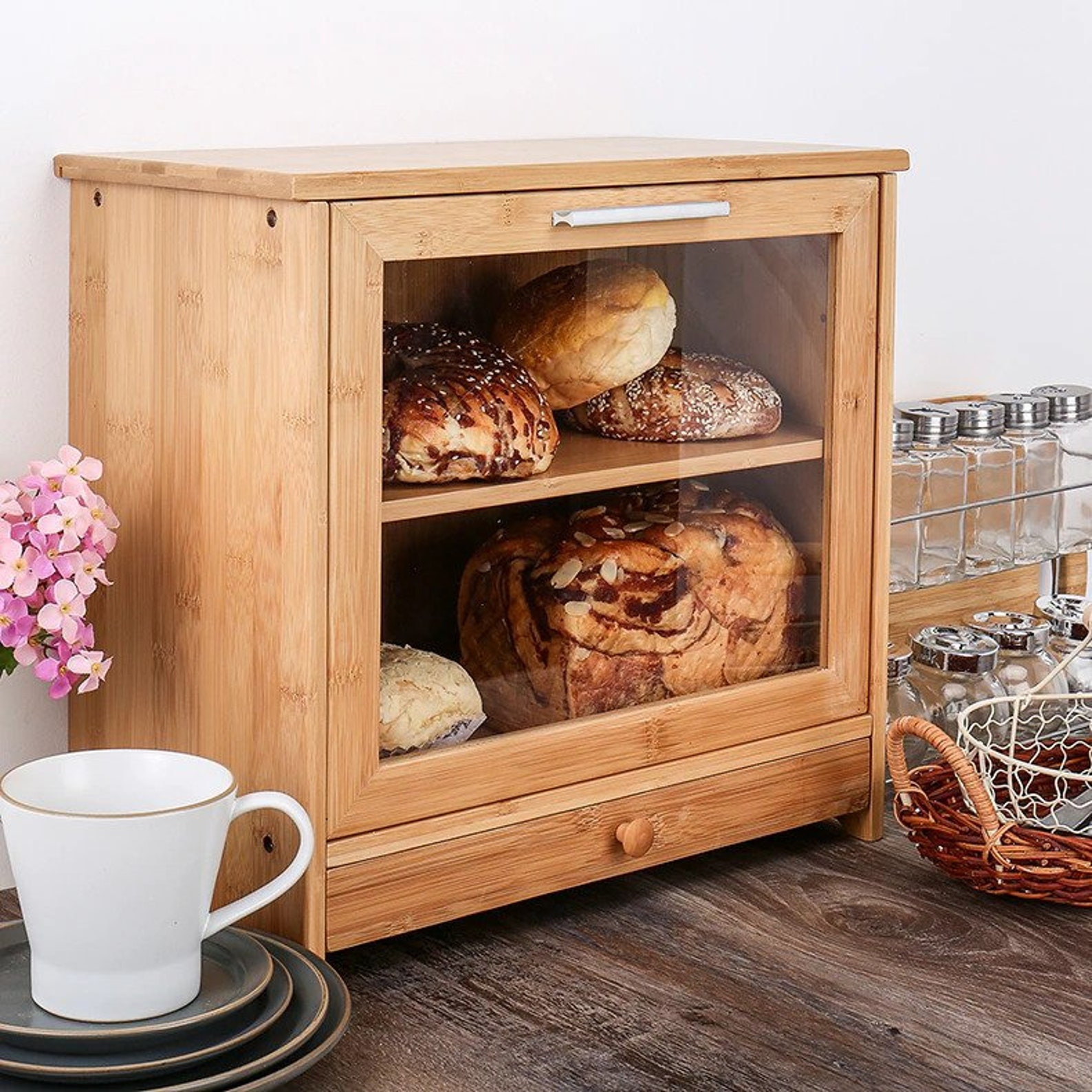Bamboo Bread Box With Detachable Cutting Board Large Wooden Etsy