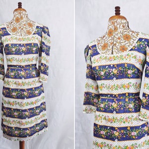 Mini vestido de pradera con rayas florales de la década de 1970 con botones de perlas y ribete de encaje - Talla pequeña - Reino Unido 8 - EE. UU. 4