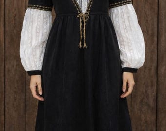 Vintage 70s Black Prairie Dress | Henriques of London Lace Bib Maxi