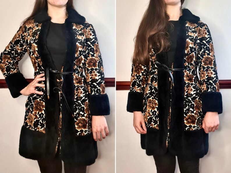 Vintage 1960s/1970s tapestry jacquard Penny Lane coat with faux fur trim - Size XS - UK size 6/8 - US size 2/4 