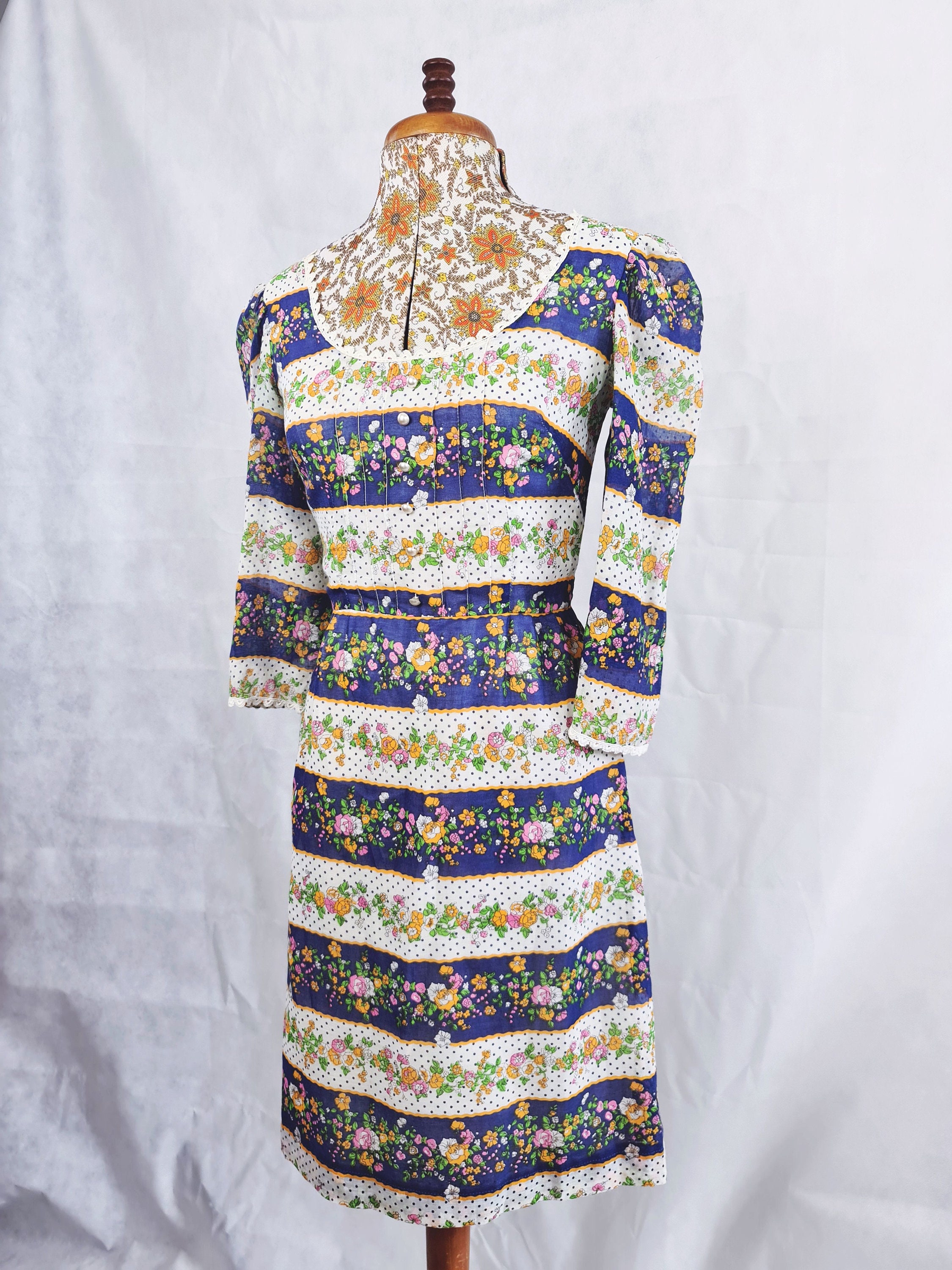 Vintage s Mini Floral Stripe Prairie Dress With Pearl   Etsy