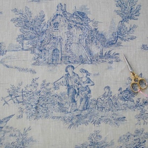 Pastorale en lin façon Toile de de Jouy en bleu sur écru