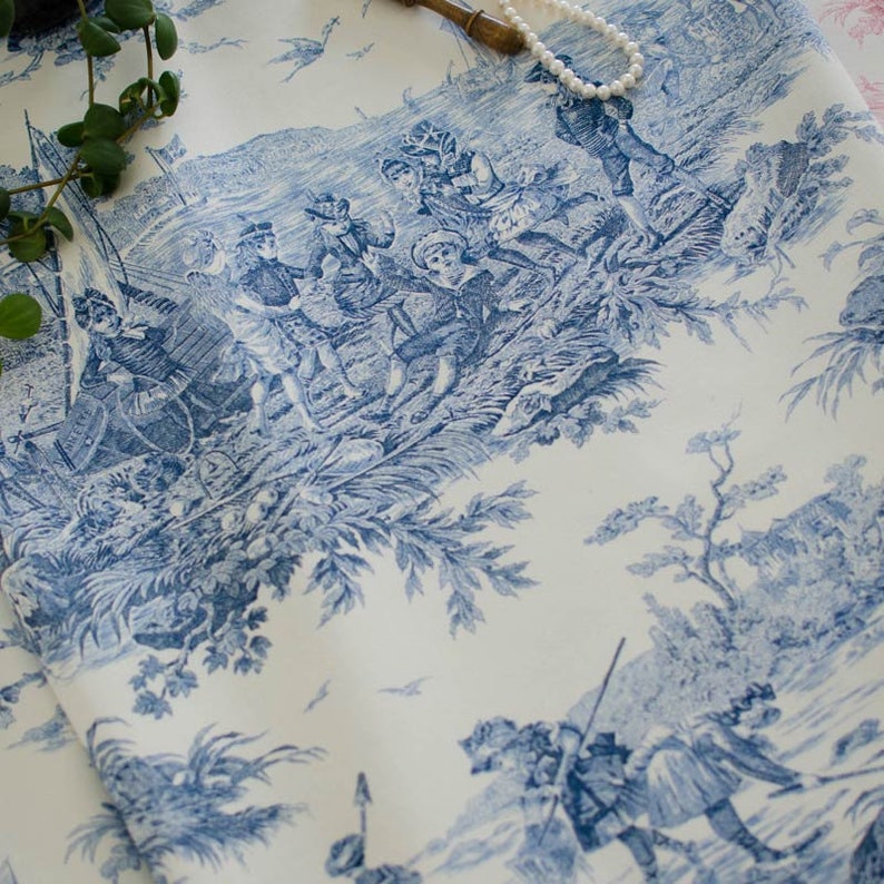 Toile de Jouy cotton Histoire d'Eau blue image 2