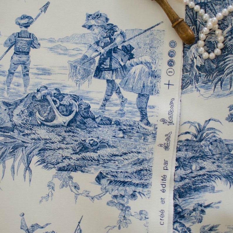 Toile de Jouy cotton Histoire d'Eau blue image 3