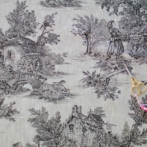 Pastoraal linnen in Toile de Jouy-stijl in zwart op ecru