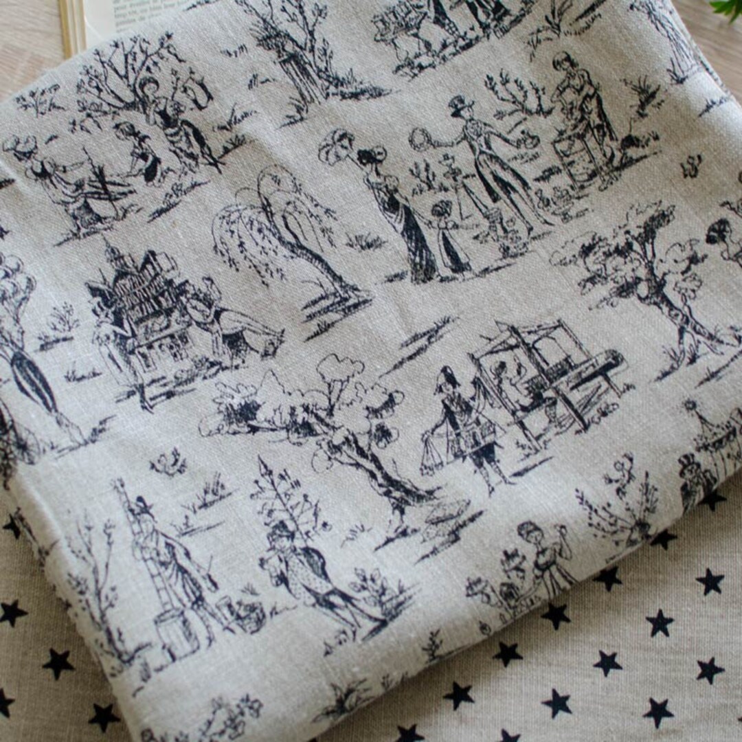 Toile De Lin 100% Français - Motif Toile De Jouy Noir Sur Écru - Vente Au 1/2 Mètre (155cm De Large)