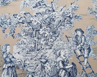 French Pastoral Large-scale Tan Blue and White Toile Fabric 108