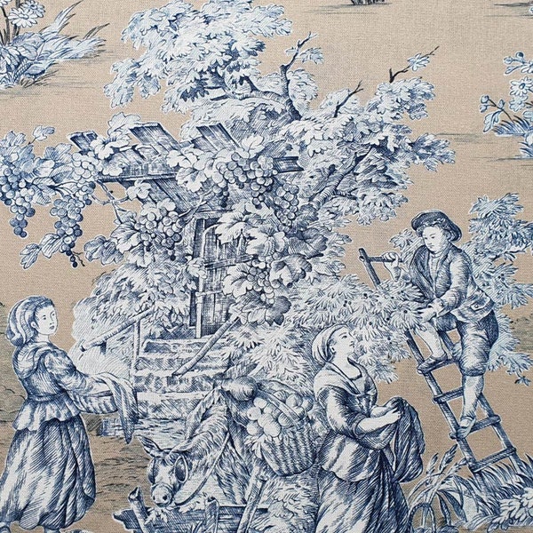 Toile de Jouy coton Pastorale Beige et Bleu