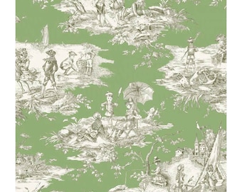 Toile de Jouy cotton Histoire d'Eau green pistachio background