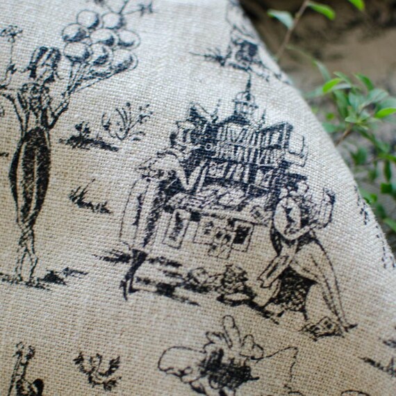 Toile De Lin Imprimée Toile De Jouy - 100% Lin Français - Largeur 155cm - Vente Au Demi-mètre