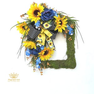 This Large Square Sunflower  Moss Front Door Wreath is a Cheerful Welcome or Greeting for  Spring, Summer or Everyday Porch Decor.