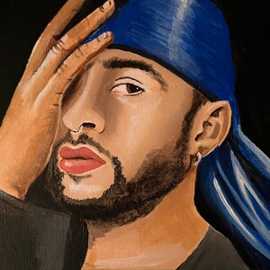 Bad Bunny - Benito portrait painting by Denise D Ruiz