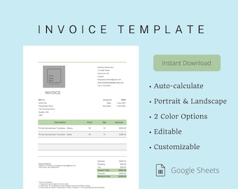 Invoice Template | Autocalculate | Portrait + Landscape | Editable | Printable | Small Business Sales Form | Google Sheet | Digital Download
