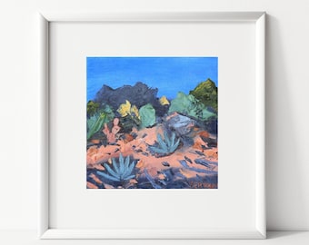 Original Oil Painting: Colorful Desert Landscape with Cactus and Agaves - 6x6