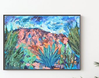 Desert Landscape Painting: Agave, Mountains, Impasto Art, 5x7 Canvas Board