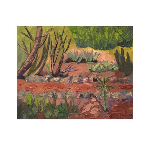 Desert landscape painting with cactus agaves and desert plants Original oil painting on canvas board Small wall art for home decor 8x10