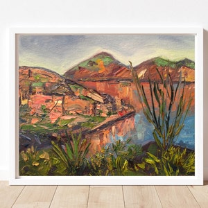 Desert Landscape painting with mountains, lake and ocotillo, Serene wall art, Small original oil painting impasto style for home decor, 8x10