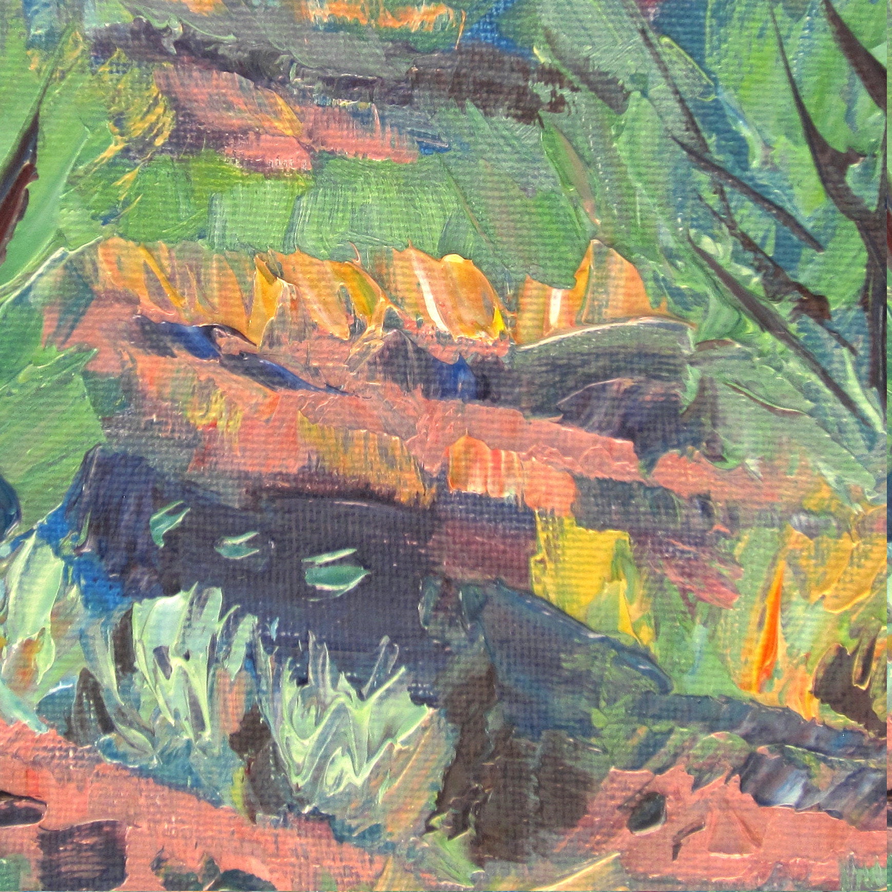 Small Abstract Painting on Canvas Board of Landscape With Mountainside