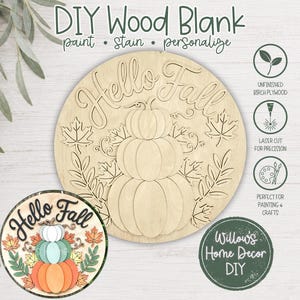 DIY Wood Blank Hello Fall Door Hanger | Unfinished Pumpkin Craft | Entryway Sign | Paint Party Supply image 1