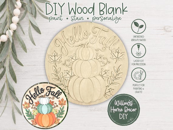 DIY Wood Blank Hello Fall Door Hanger | Unfinished Pumpkin Craft | Entryway Sign | Paint Party Supply