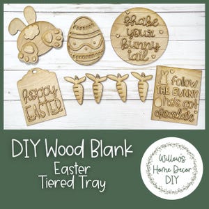 DIY Easter Tiered Tray Kit - Bunny Tail - Decorative Egg - Happy Easter - Unfinished Wood Blanks - Decorative Tray - Spring Decor