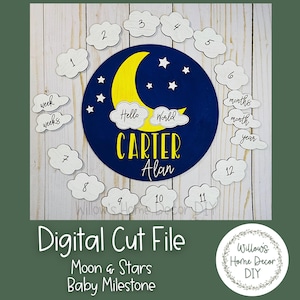 Luna y estrellas como hito del bebé SVG - Accesorio fotográfico para recién nacidos - Archivo SVG láser - Archivo de corte Glowforge