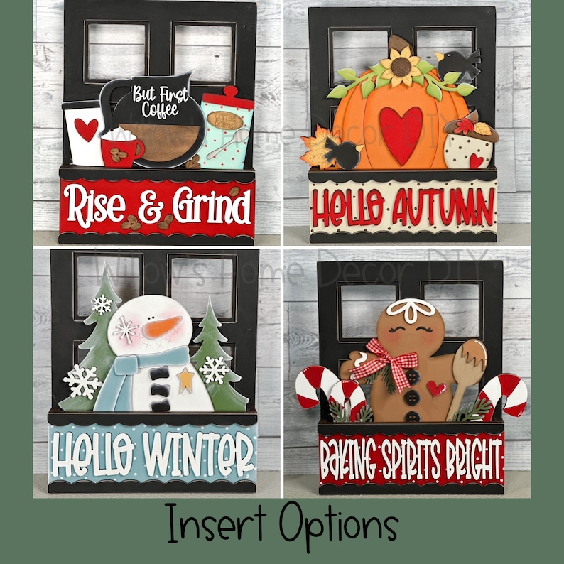 May include: Four wooden window frame signs with interchangeable inserts. The signs feature different seasonal themes: "But First Coffee" with a coffee cup and mug, "Rise & Grind", "Hello Autumn" with a pumpkin and leaves, "Hello Winter" with a snowman, and "Baking Spirits Bright" with a gingerbread man.